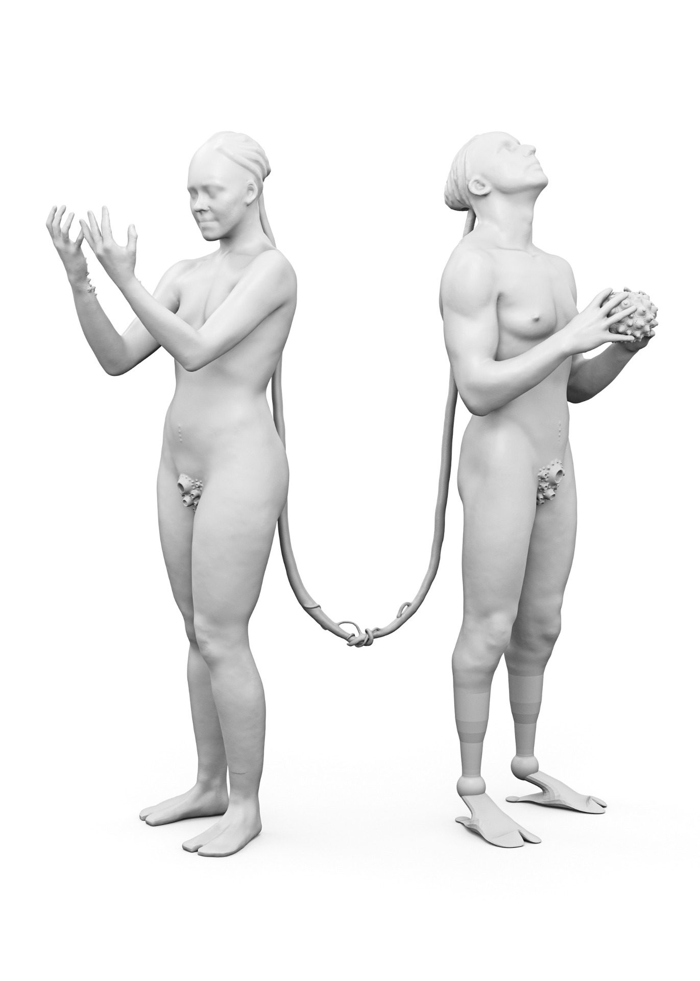 Pieza Ensayo y error del posthumano de Maria Castellanos. Se muestra una de las piezas de impresión 3D en formato digital, en esta se puede apreciar un ejemplo de especie humana ficticia.  Link: https://mariacastellanos.net/?/=/seccion/proyectos/entrada/ensayo_posthumano